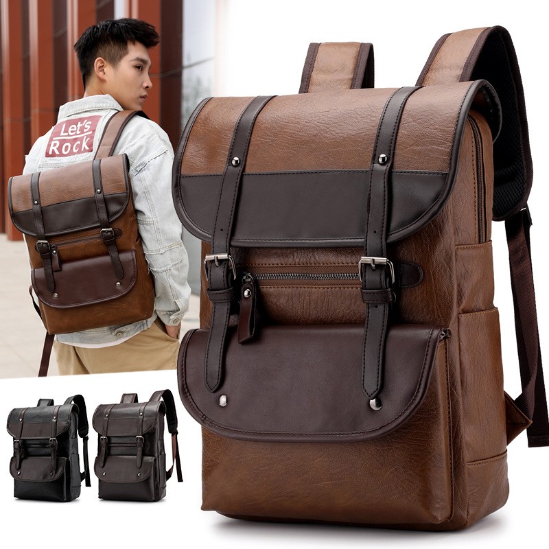 16.5-Inch Fashion PU Leather Laptop Backpack Men Retro Schoolbag Large Capacity Books Waterproof Mochilas Patchwork