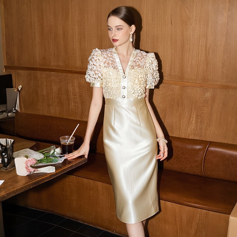 Fashion Unique Puff Short Sleeve Appliques Floral Club Party Cocktail Dress - Women Elegant Midi Dresses