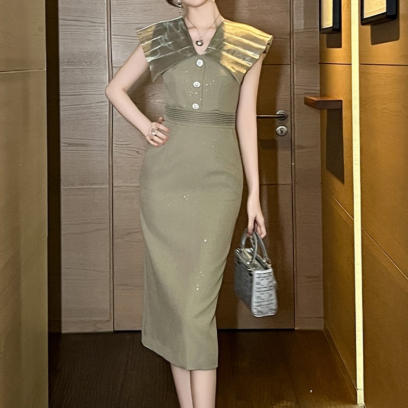 New Design Women's Elegant Ruffled Sleeveless Slim Rhinestones Formal Business Work Ladies Pencil Dresses for Office