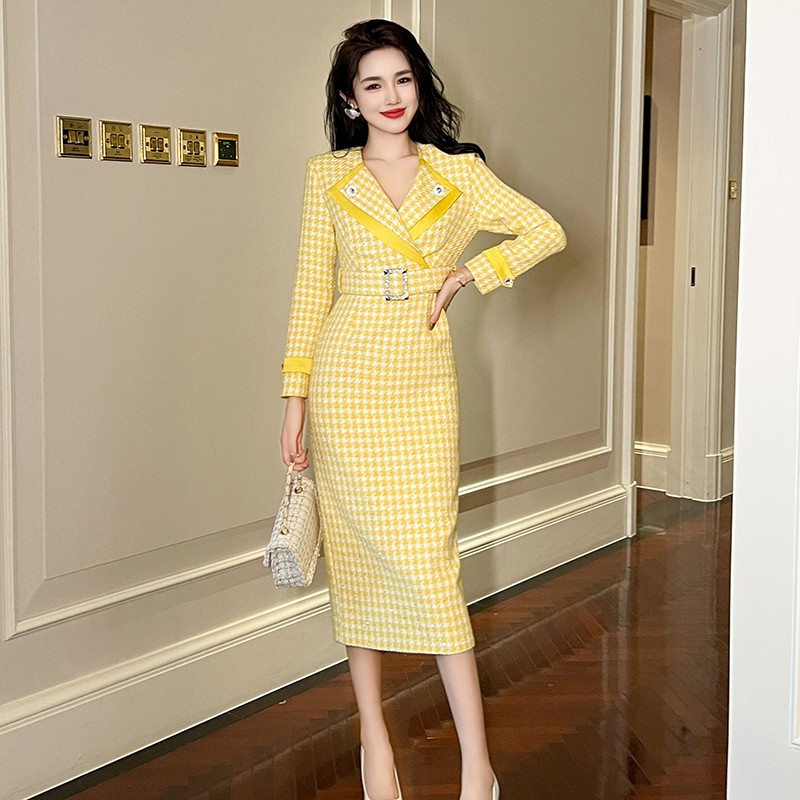 Vintage Lapel Women Career Dresses Yellow Plaid Formal Trench Midi Professional Tweed Office Dress With Belt