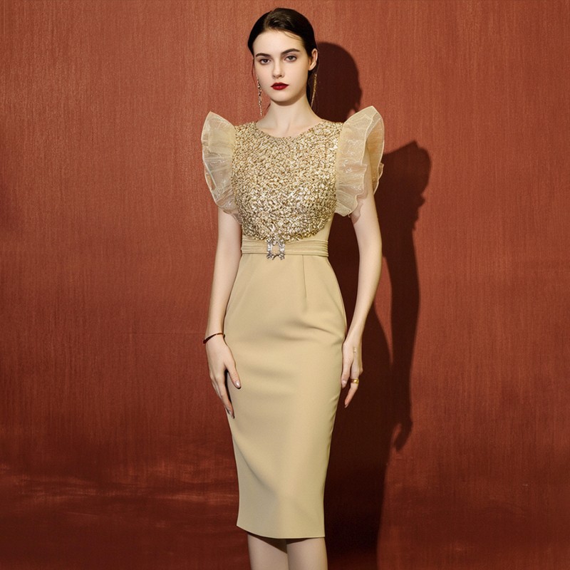 Women's Formal Cocktail White Yellow Sexy Knee-length Banquet Bridal Night Sequined Ladies Elegant Party Dress