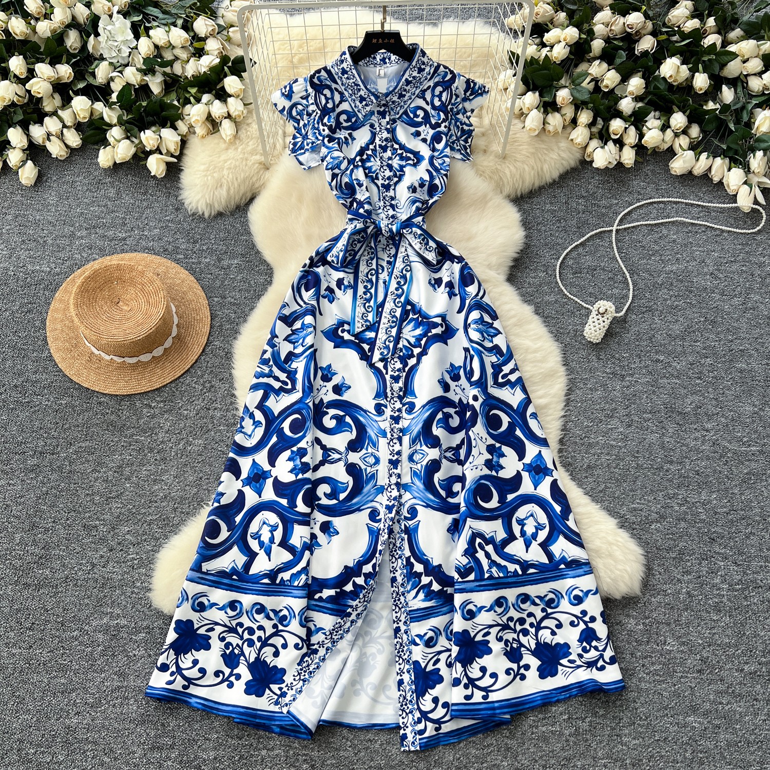 Stylish Dress Retro Heavy Industry Positioning Print Binding Waist Single-Breasted Over Knee Dress