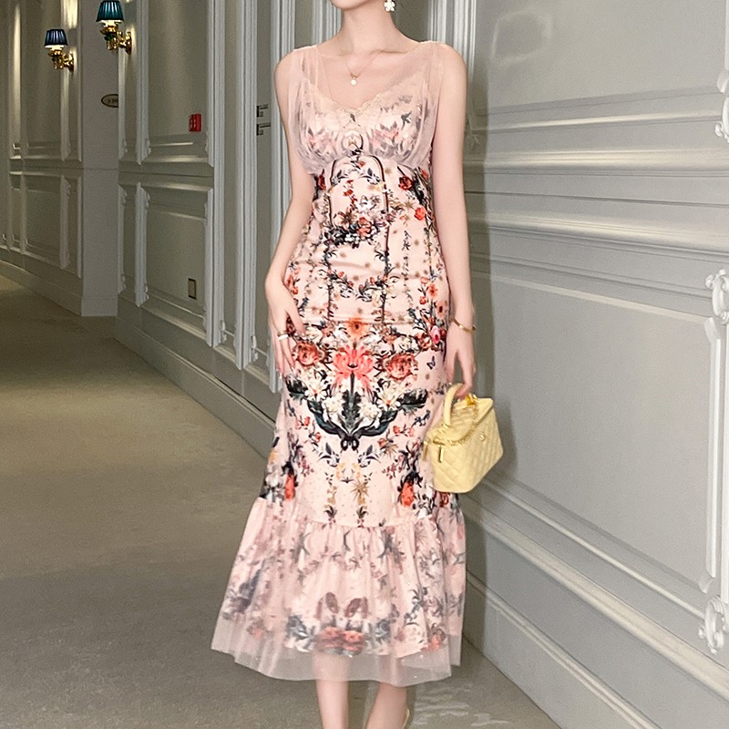 2026 Trendy Ladies Dresses Latest Design Vintage Mermaid Silk Satin Summer Elegance Print Floral Dresses for Women