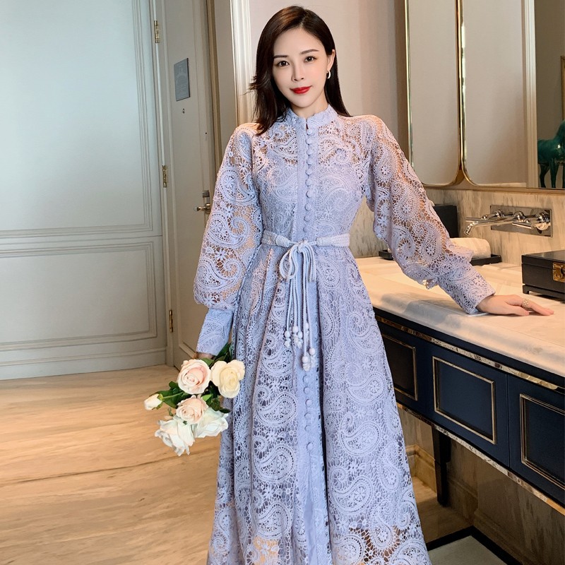 Whole Sale Price ZTHT 1595 Lantern Sleeve Hollow Out Women Casual Dress Ladies Elegant Lace Maxi Dresses With Belt